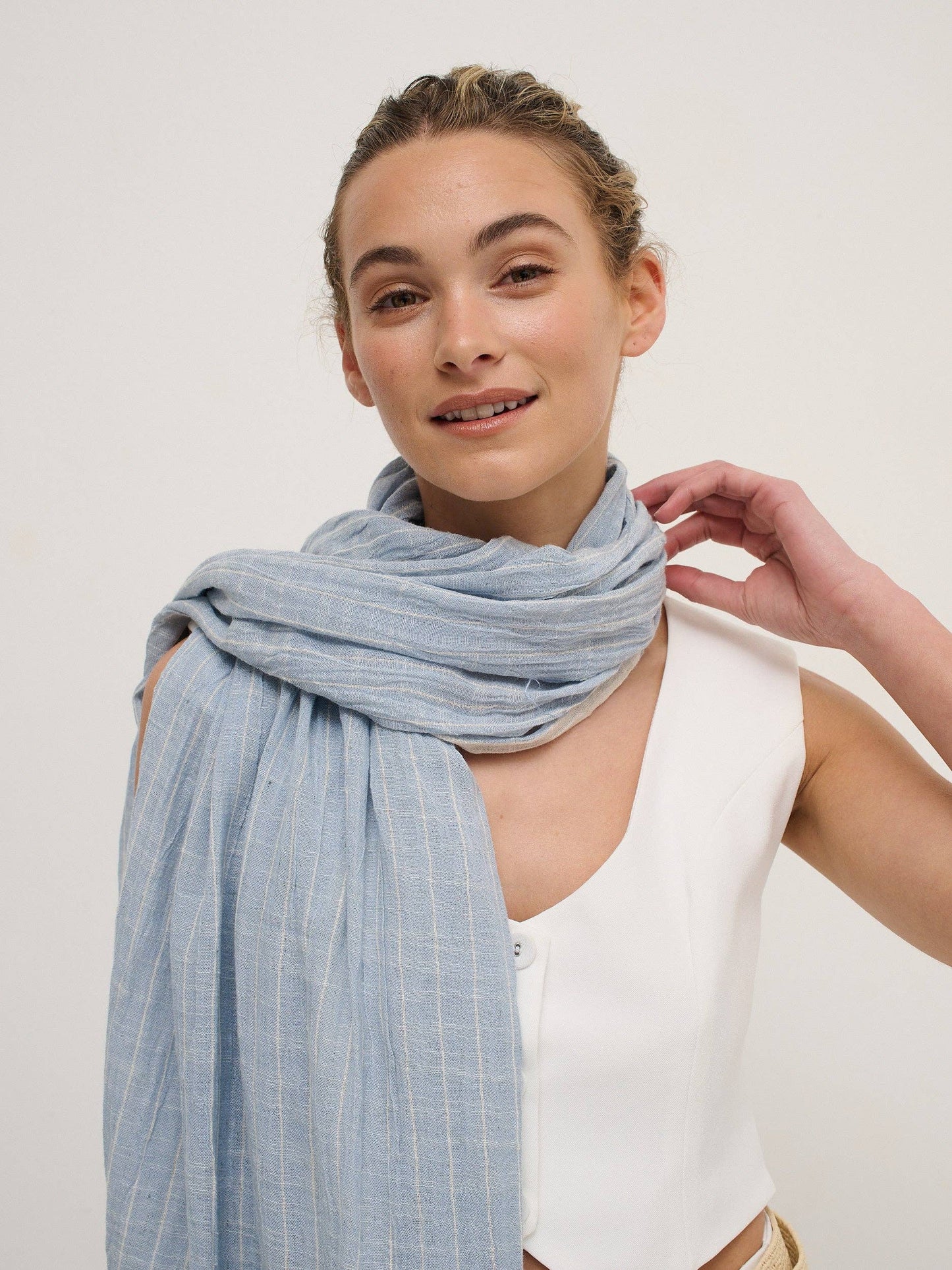 Pinstripe Cotton Lightweight Scarf in Blue