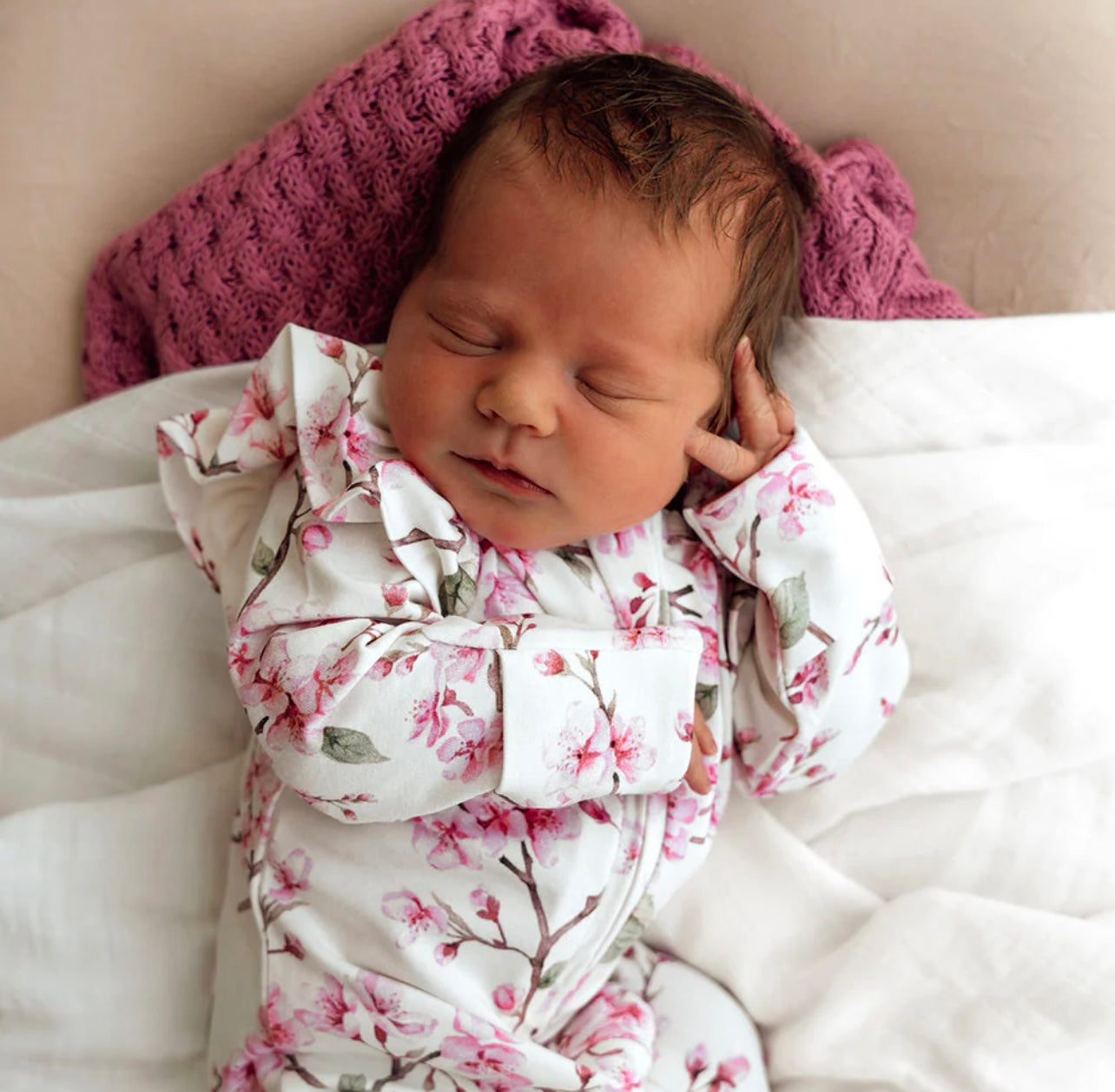 Cherry Blossom Organic Snuggle Sleepsuit Zip Footie with Frill