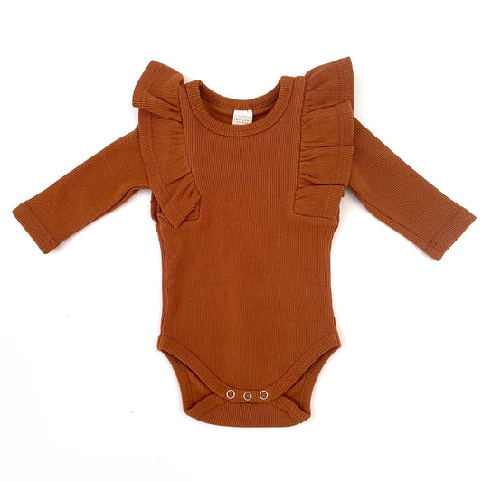 BASICS THICK Shimmy Ribbed Long Sleeve Onesie/Top - RUST