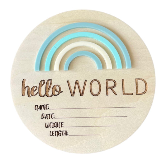 Hello World Rainbow - Blue Skies Birth Announcement Disc