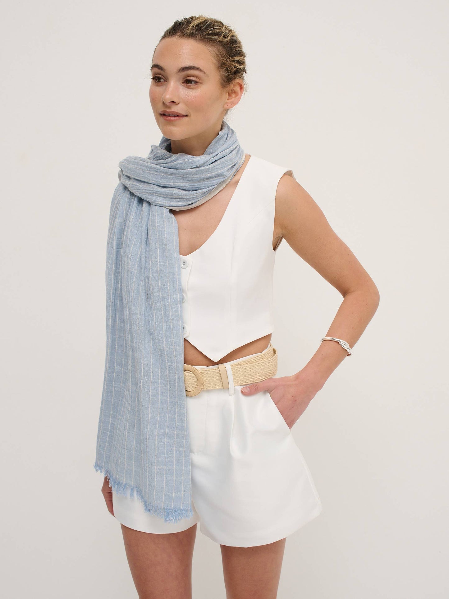 Pinstripe Cotton Lightweight Scarf in Blue