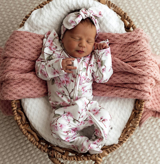 Cherry Blossom Organic Snuggle Sleepsuit Zip Footie With Frill