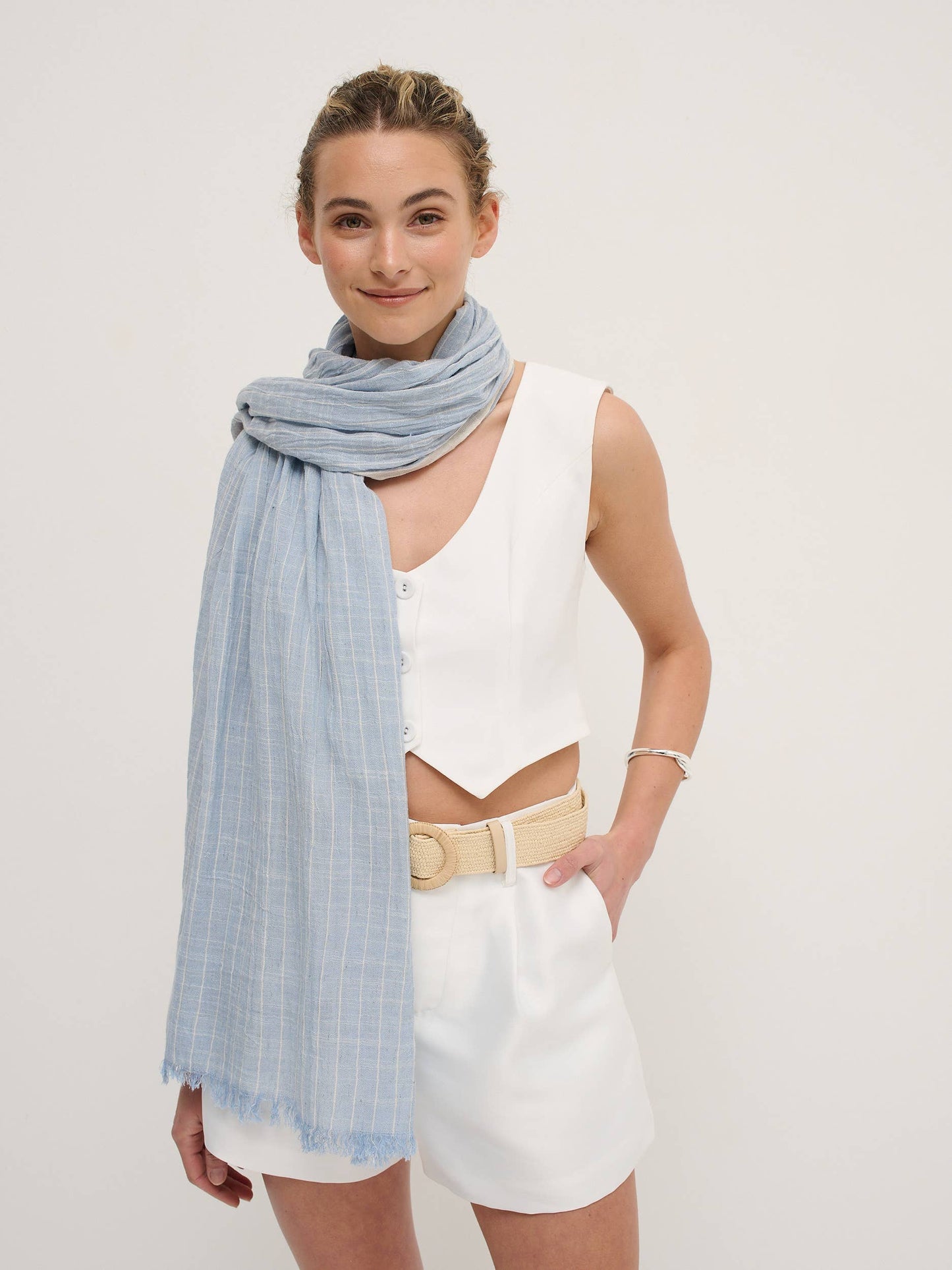 Pinstripe Cotton Lightweight Scarf in Blue