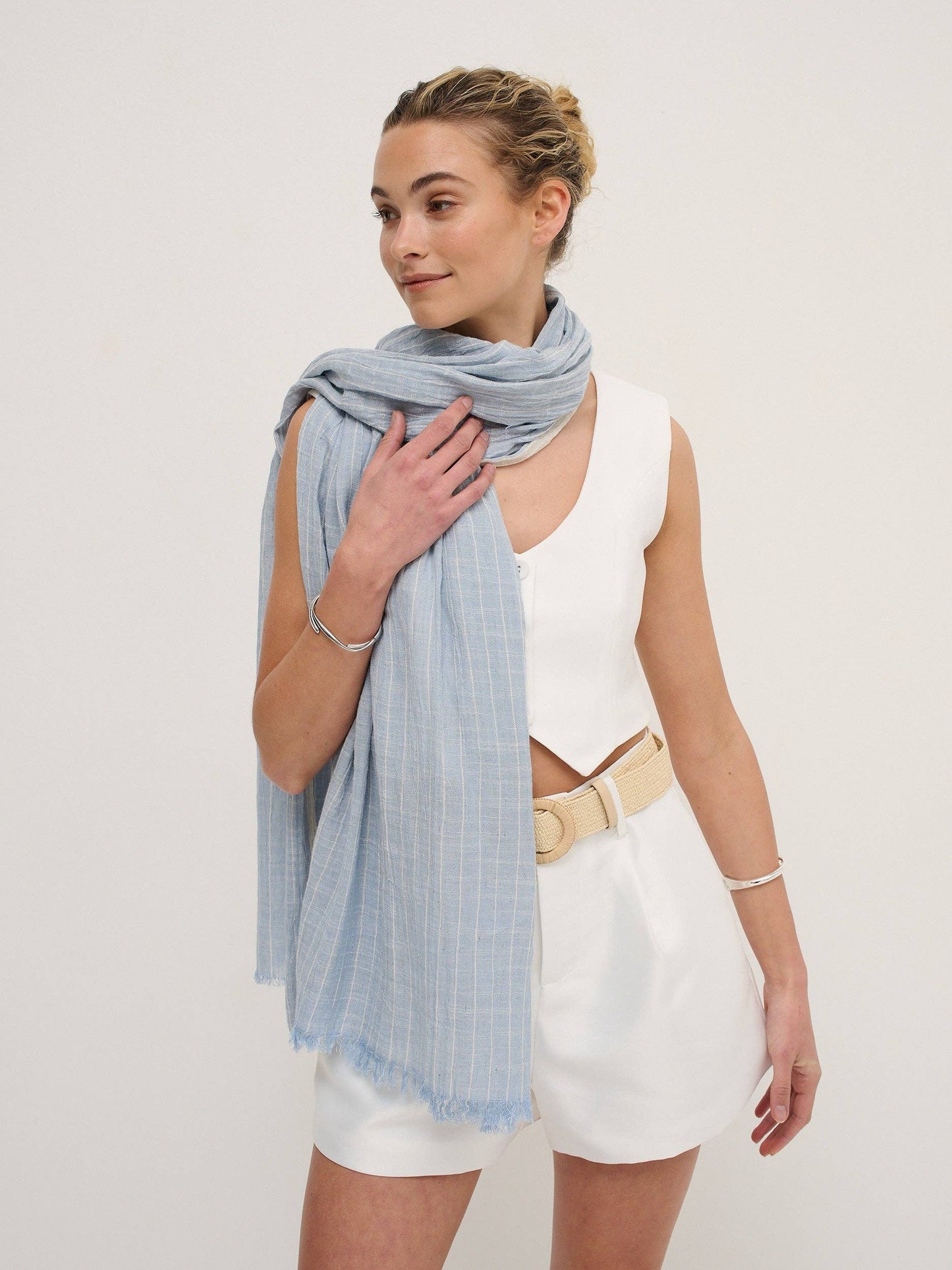 Pinstripe Cotton Lightweight Scarf in Blue