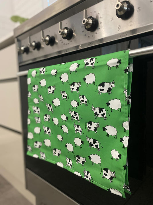 Sheep & Cows Tea Towel - Green