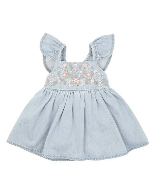 Palm Cove Denim Embroidered Dress - Light Blue