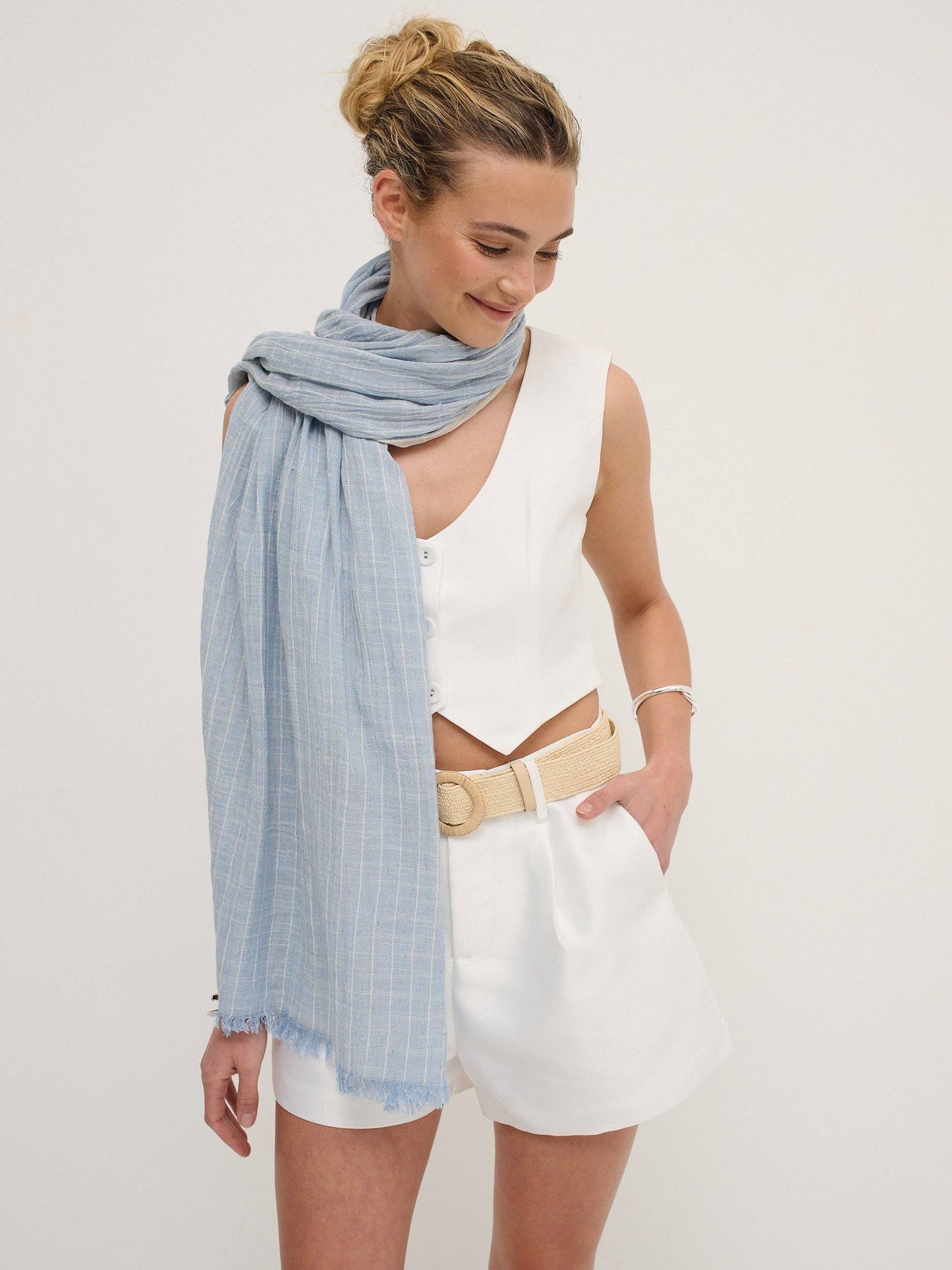 Pinstripe Cotton Lightweight Scarf in Blue