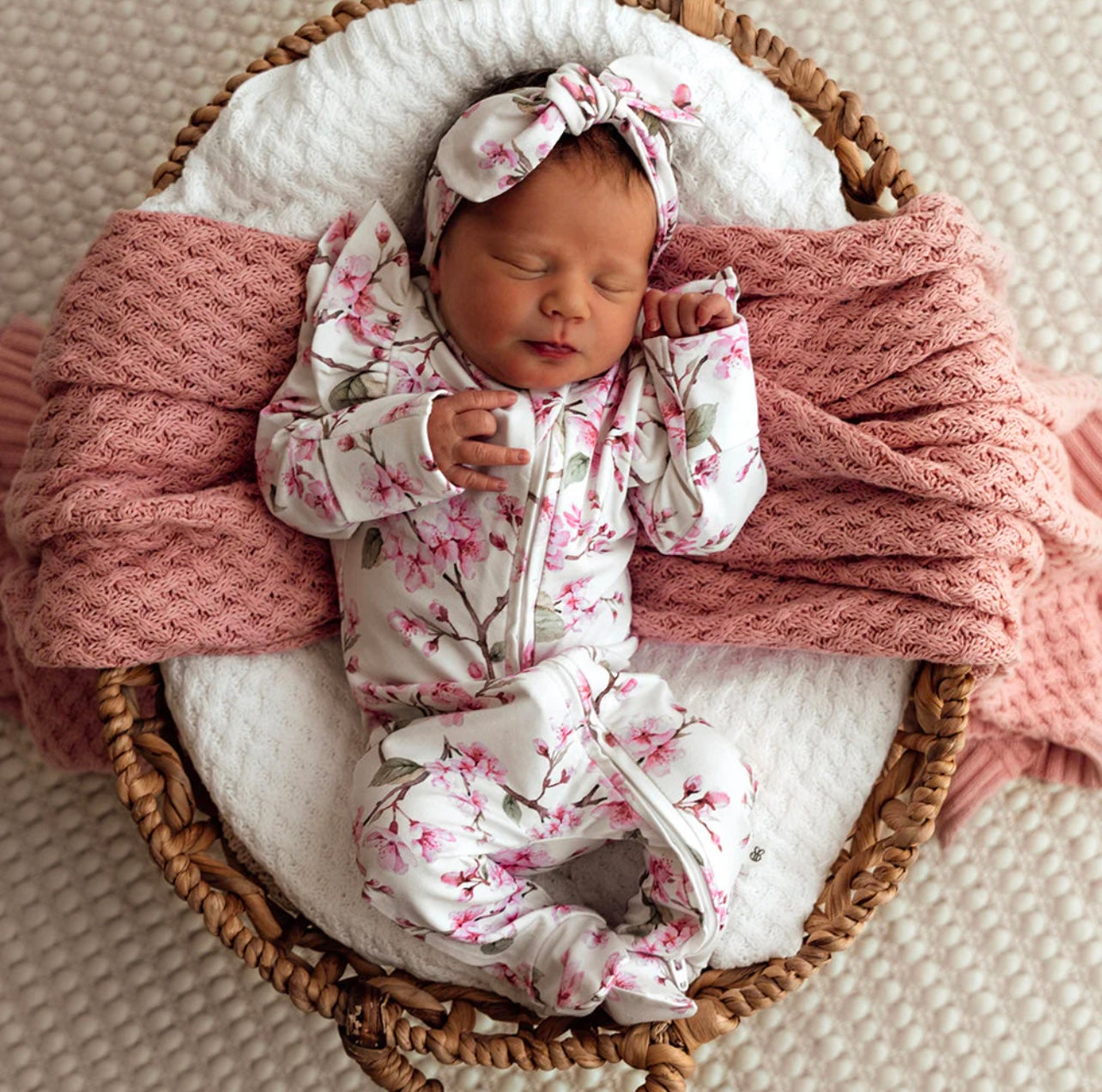 Cherry Blossom Organic Snuggle Sleepsuit Zip Footie with Frill