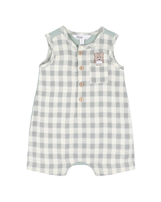 Chester Embroidered Check Romper - Sage Green Check