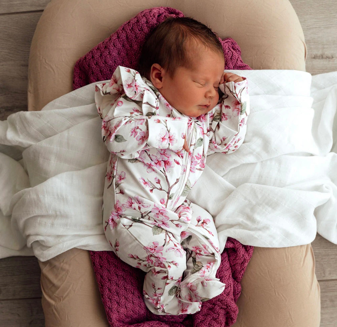 Cherry Blossom Organic Snuggle Sleepsuit Zip Footie with Frill