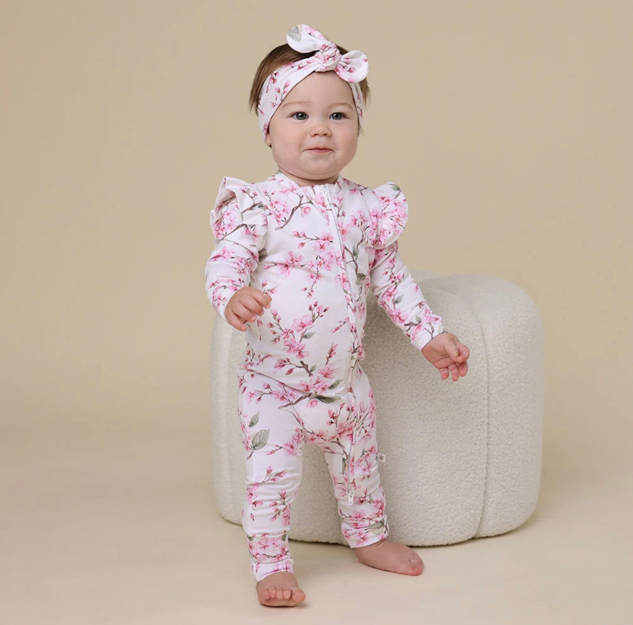 Cherry Blossom Organic Snugglesuit Convertible Romper with Frill