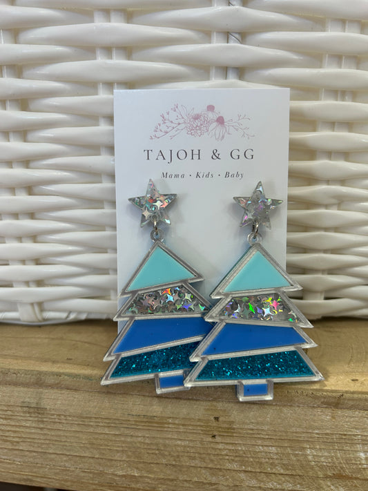 Blue Christmas Tree Earrings