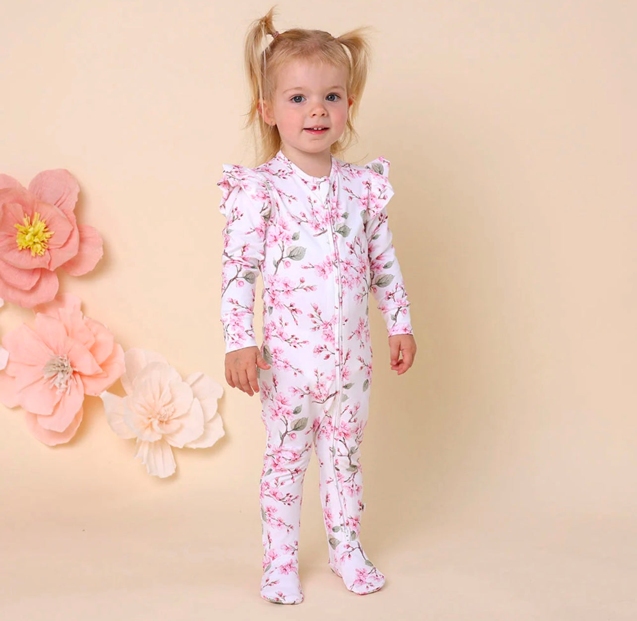 Cherry Blossom Organic Snuggle Sleepsuit Zip Footie with Frill