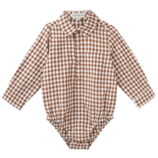 Oliver Long Sleeve Button Romper - Cocoa Gingham